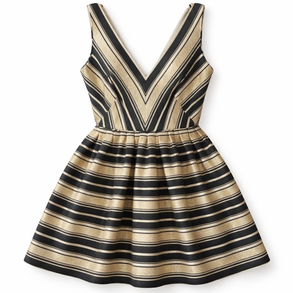 J. Crew Gold Stripe Deep V Mini Dress Charcoal Cream Size 2